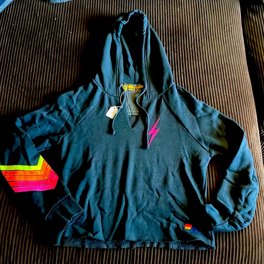 Brand new with tag Aviator Nation Charcoal Neon Chevron Bolt Hoodie, Medium
